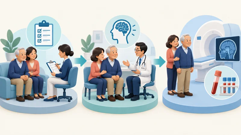 의료 평가 폴더 세 개와 뇌 MRI 필름이 현대식 실내에 배치되어 있다