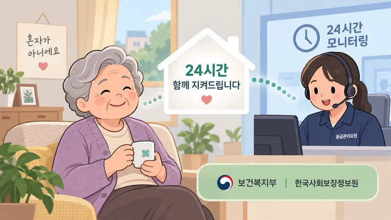 독거노인 응급안전안심서비스의 24시간 모니터링과 안전 지원 개념을 보여주는 모습