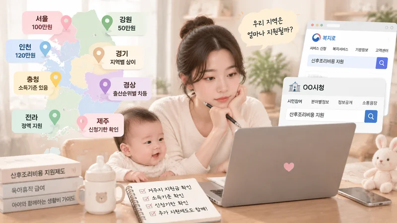 거주 지역별 산후조리비용 지원 제도를 비교하기 위해 복지로와 지자체 정보를 확인하는 엄마와 아기의 모습