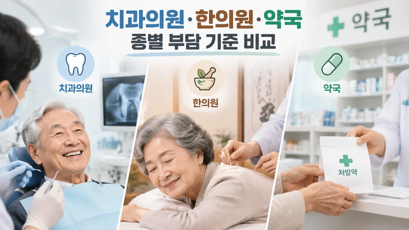 치과의원·한의원·약국에서 노인 환자가 각각 의료 서비스를 이용하는 장면으로 종별 부담 기준을 보여주는 이미지