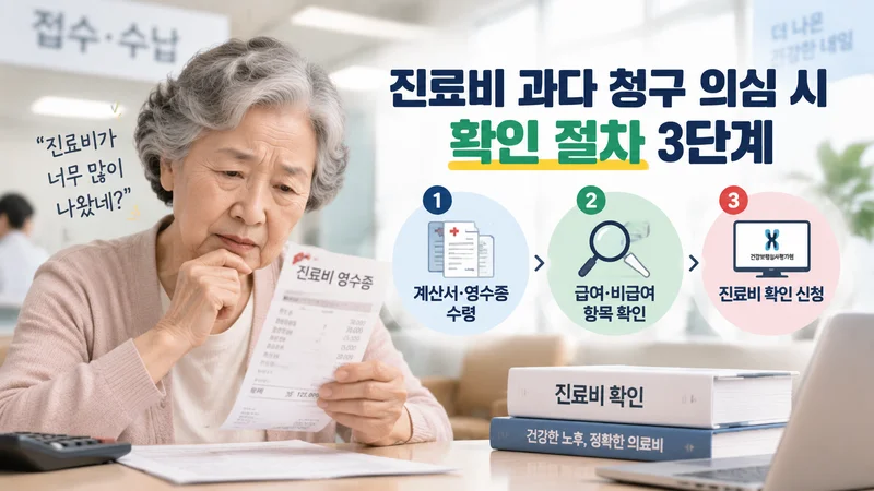 노년층 환자가 진료비 영수증을 확인하며 과다 청구 의심 시 확인 절차 3단계를 알아보는 모습의 이미지