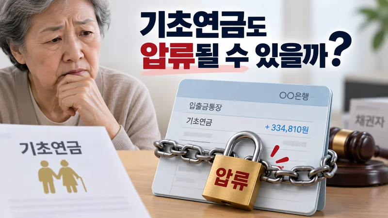 일반 통장에 입금된 기초연금이 압류될 수 있음을 자물쇠와 쇠사슬로 표현한 이미지