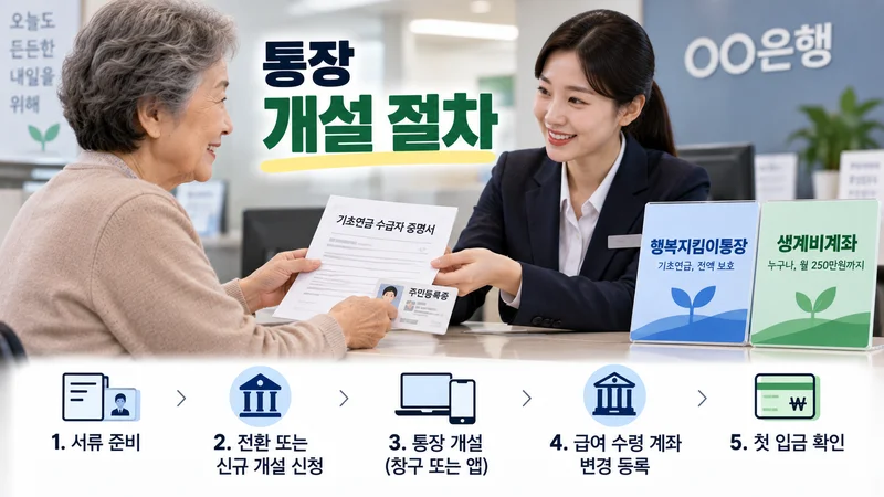 기초연금 수급자가 은행에서 서류를 준비해 압류방지 통장을 개설하고 급여 계좌를 변경하는 절차 이미지