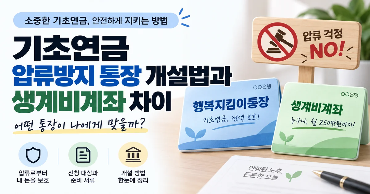 기초연금 압류방지 통장 개설법과 행복지킴이통장·생계비계좌의 차이를 한눈에 보여주는 이미지