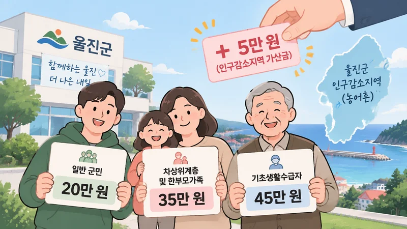 울진군 민생지원금 대상별 지원 금액과 인구감소지역 추가 혜택을 주민들이 확인하는 모습을 담은 일러스트