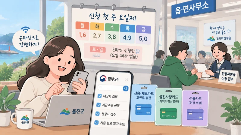 울진군 민생지원금 온라인 신청과 읍·면사무소 방문 접수, 출생연도별 요일제를 보여주는 신청 안내 일러스트
