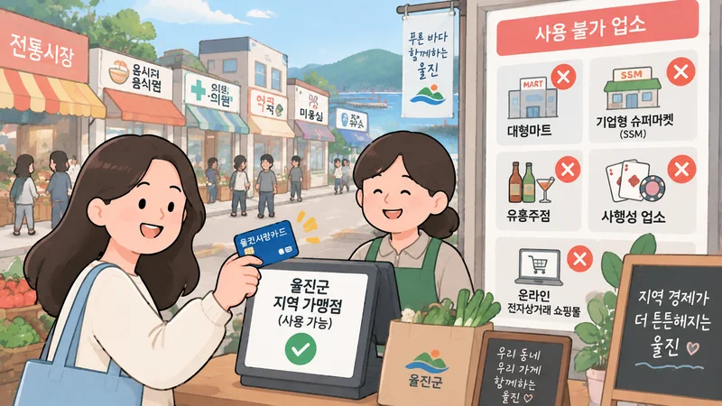 울진군 지역 가맹점에서 민생지원금을 사용하고 사용 제한 업종과 가능 업종을 비교하는 시장 풍경 일러스트