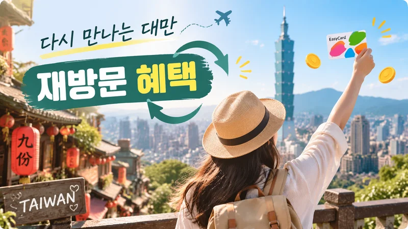 재방문 여행객을 위한 대만 지원금 캠페인을 상징하는 타이베이 101과 여행자가 전자카드를 들어 보이는 이미지