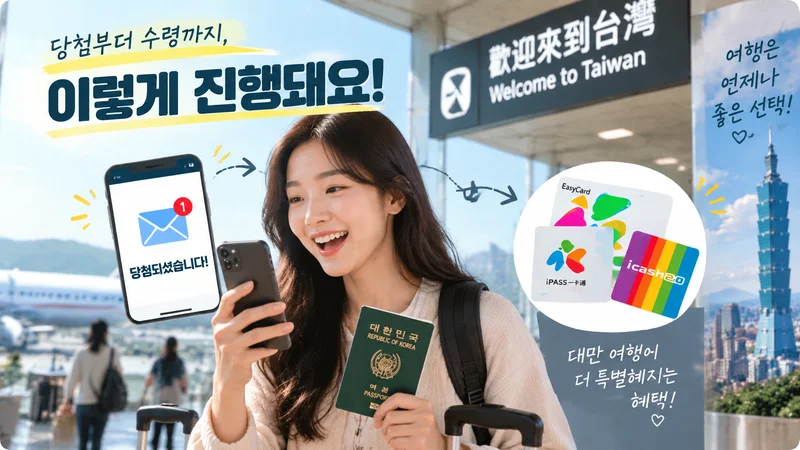 대만 공항 입국장에서 여행자가 이메일 당첨 안내를 확인하고 지정 매장에서 이지카드를 받는 과정을 보여주는 모습