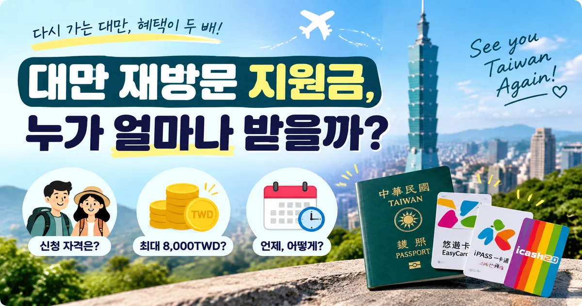 대만 재방문 지원금의 신청 대상과 최대 지원 혜택을 소개하는 타이베이 풍경과 여행 카드가 담긴 홍보 이미지