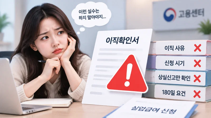 이직확인서 작성 시 발생할 수 있는 실수와 주의사항을 경고 아이콘과 함께 보여주는 이미지
