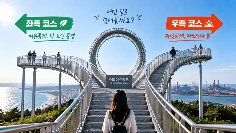 포항 스페이스워크 중앙 갈림길에서 완만한 좌측 코스와 스릴 있는 우측 코스를 선택하는 모습을 보여주는 이미지