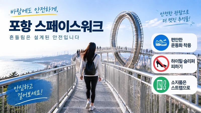 포항 스페이스워크 철제 트랙을 안전하게 걷는 방문객과 운동화 착용 및 소지품 관리 등 관람 안전 팁을 표현한 이미지