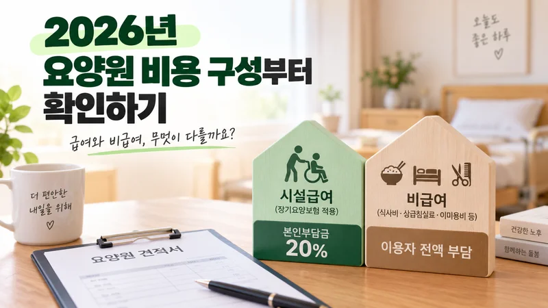 2026년 요양원 비용을 시설급여 본인부담금 20%와 식사비·상급침실료·이미용비 등 비급여로 구분해 보여주는 이미지