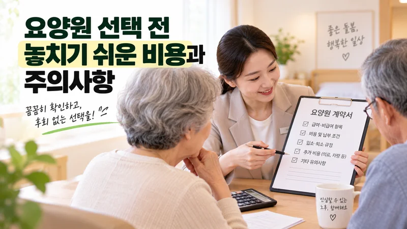 요양원 선택 전 상담사와 어르신들이 계약서의 급여·비급여 항목과 추가 비용 등 주의사항을 꼼꼼히 확인하는 이미지