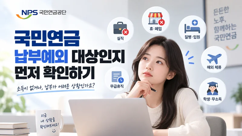 실직·휴폐업·질병·입원·무급휴직·해외 체류 등 국민연금 납부예외 대상 여부를 확인하는 모습을 표현한 이미지