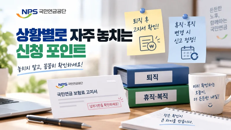 퇴직 후 국민연금 고지서 확인과 휴직·복직 일정 변경 시 신고 정정 등 놓치기 쉬운 신청 포인트를 안내하는 이미지