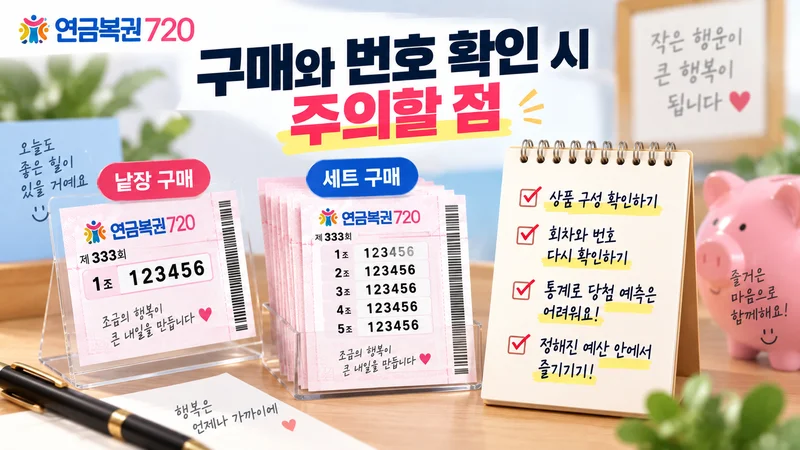 연금복권 720 낱장 구매와 세트 구매의 차이, 번호 확인과 예산 내 구매 주의사항을 표현한 이미지