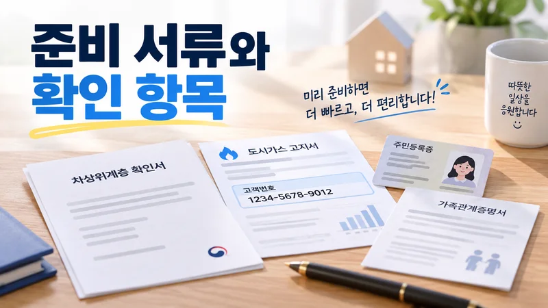 가스요금 감면 신청에 필요한 차상위계층 확인서, 도시가스 고지서, 신분증, 가족관계증명서 등 준비 서류를 보여주는 이미지