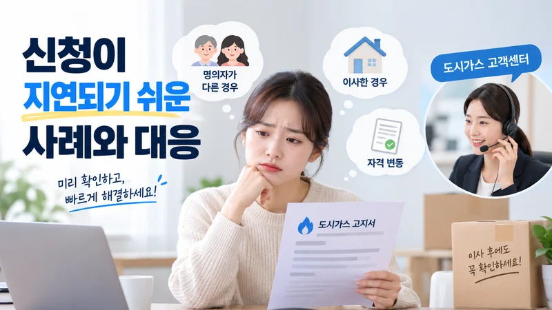 가스요금 감면 신청이 지연될 수 있는 명의자 불일치, 이사, 자격 변동 사례와 도시가스 고객센터 확인 방법을 보여주는 이미지