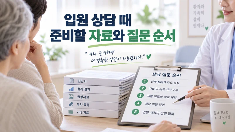 요양병원 입원 상담을 앞두고 진단서, 검사 결과, 투약 목록 등의 자료를 준비하고 질문 순서를 확인하는 이미지
