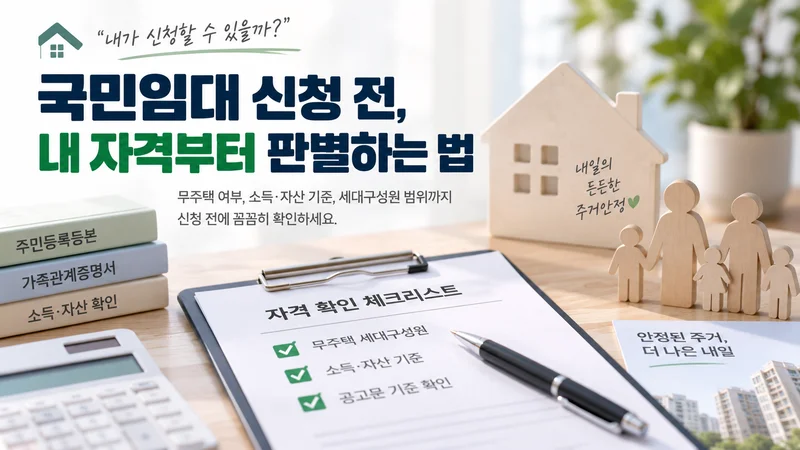 국민임대 신청 전 무주택 세대구성원과 소득·자산 기준 등 신청 자격을 체크리스트로 확인하는 이미지