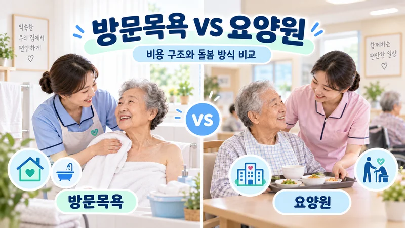 집에서 목욕 지원을 받는 방문목욕과 시설에서 생활 전반의 돌봄을 받는 요양원의 차이를 비교한 이미지