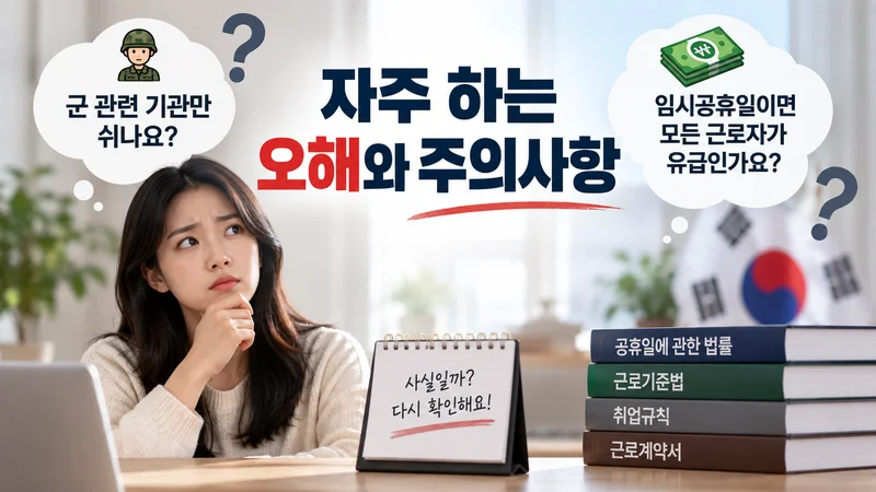 국군의 날과 임시공휴일의 휴무·유급 기준에 관한 흔한 오해를 확인하는 직장인의 모습을 표현한 이미지