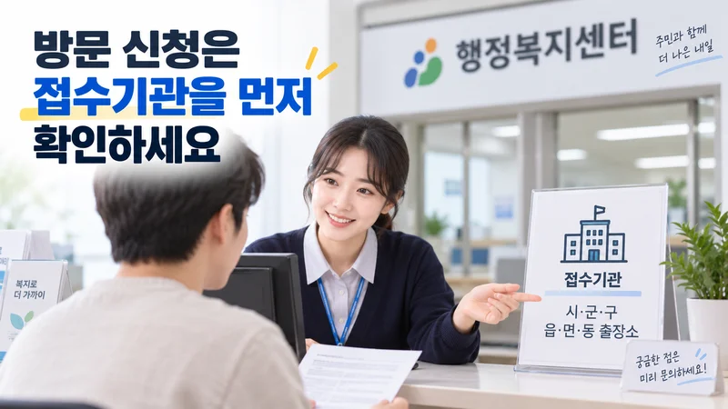 행정복지센터 방문 신청 전에 차상위계층 확인서 접수기관과 필요한 서류를 확인하는 모습