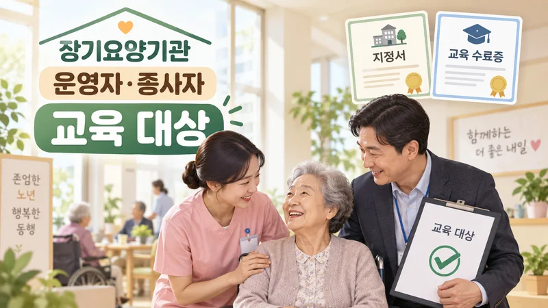 장기요양기관의 운영자와 종사자가 인권교육 대상임을 어르신과 요양 종사자, 기관 지정서와 교육 수료증으로 표현한 이미지