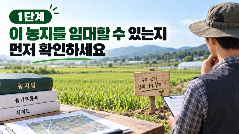 농지법과 등기부등본, 지적도를 확인하며 해당 농지를 임대할 수 있는지 검토하는 모습을 표현한 이미지