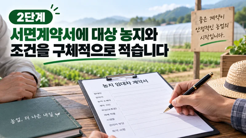 농지 임대차계약서에 대상 농지와 계약 기간, 차임, 시설물 등 구체적인 조건을 작성하는 모습을 표현한 이미지