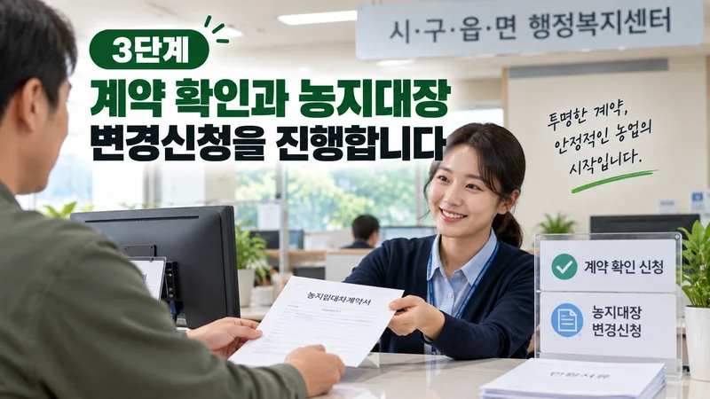 농지 임대차계약서를 관할 행정복지센터에 제출해 계약 확인과 농지대장 변경신청을 진행하는 모습을 표현한 이미지