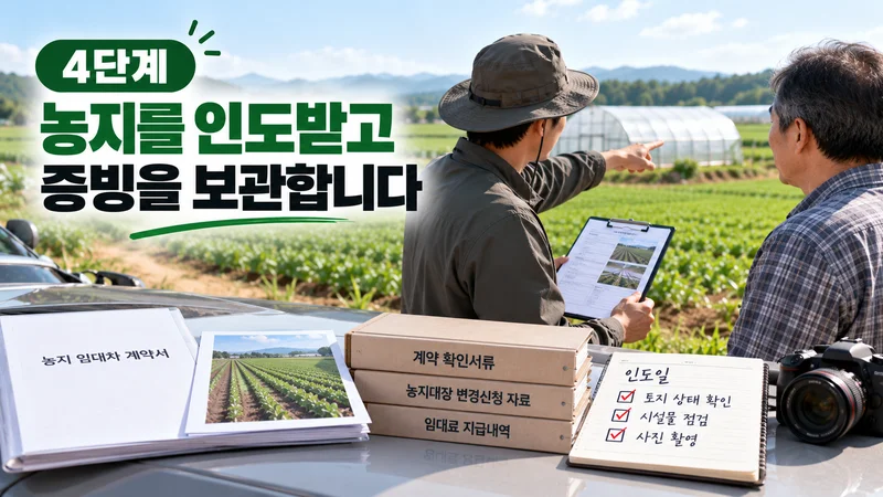 농지를 인도받으며 토지와 시설물 상태를 확인하고 사진과 계약 관련 증빙자료를 보관하는 모습을 표현한 이미지