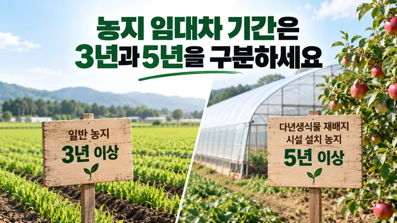 일반 농지는 3년 이상, 다년생식물 재배지와 시설 설치 농지는 5년 이상인 임대차 기간 기준을 농지와 온실로 구분해 표현한 이미지