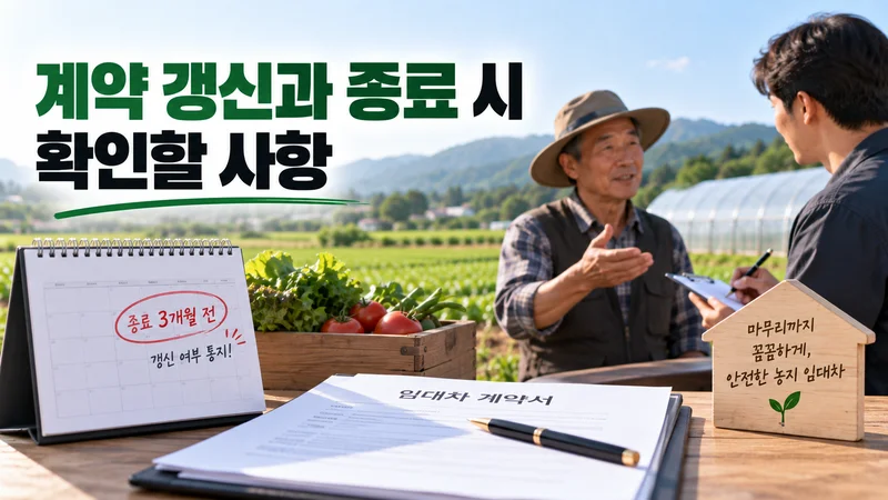 농지 임대차 종료 3개월 전 갱신 여부를 확인하고 계약 종료에 따른 수확물과 정산 사항을 점검하는 모습을 표현한 이미지