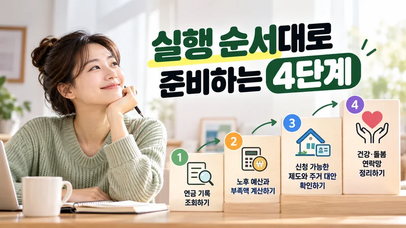 연금 기록 조회부터 노후 예산 계산, 주거 대안 확인, 건강·돌봄 연락망 정리까지 4단계로 준비하는 모습