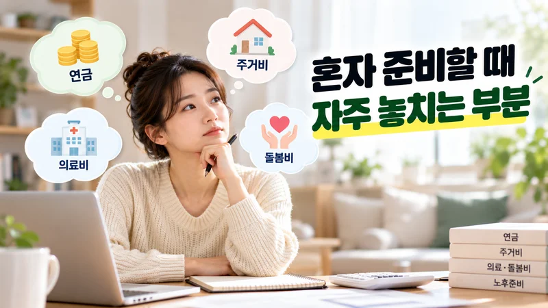 연금뿐 아니라 주거비와 의료비, 돌봄비까지 고려하며 혼자 노후 준비할 때 놓치기 쉬운 부분을 점검하는 모습