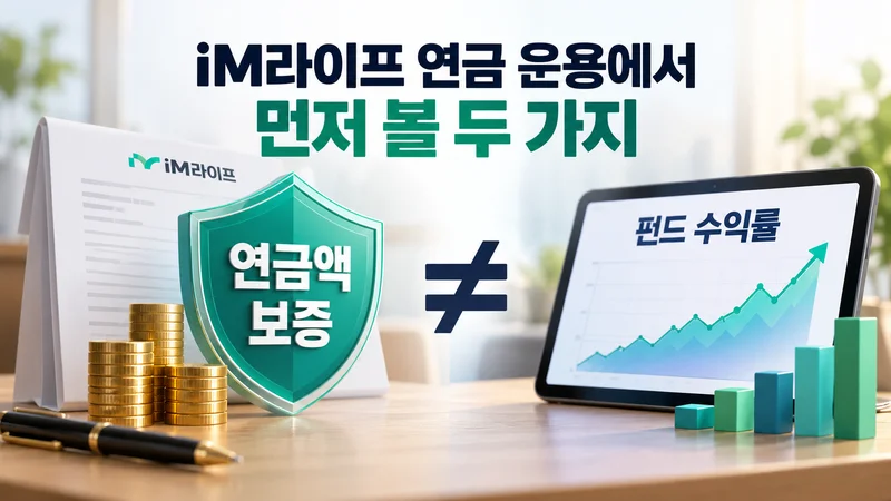 연금액 보증과 펀드 수익률이 서로 다른 기준임을 방패와 수익률 차트로 대비해 표현한 이미지