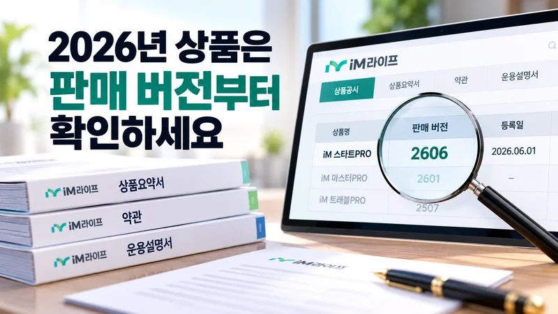 2026년 iM라이프 변액연금보험의 판매 버전 2606과 상품요약서·약관·운용설명서를 확인하는 모습