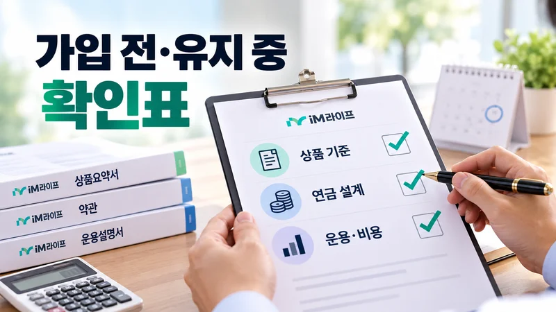 iM라이프 연금 가입 전과 유지 중 상품 기준·연금 설계·운용 비용을 체크리스트로 점검하는 모습