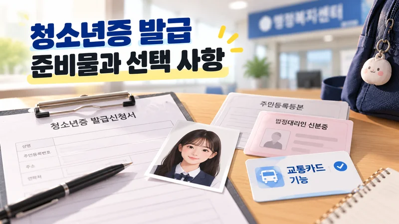 청소년이 신청서와 사진을 준비하고 대리 신청 서류와 교통카드 기능을 확인하는 모습.