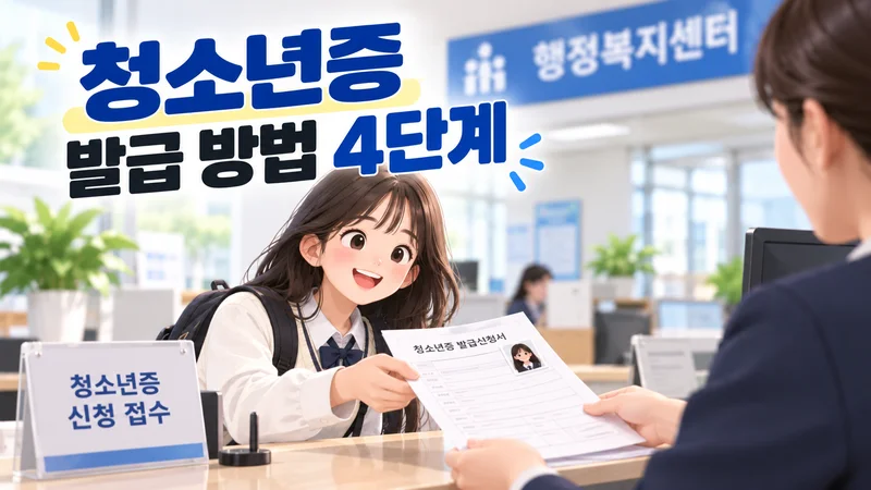 행정복지센터에서 청소년이 신청서와 사진을 제출하며 청소년증 발급을 신청하는 모습